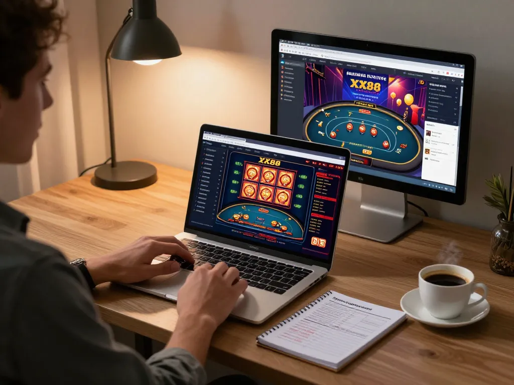 Engaged player navigating XX88 online casino games on laptop in a cozy home office.