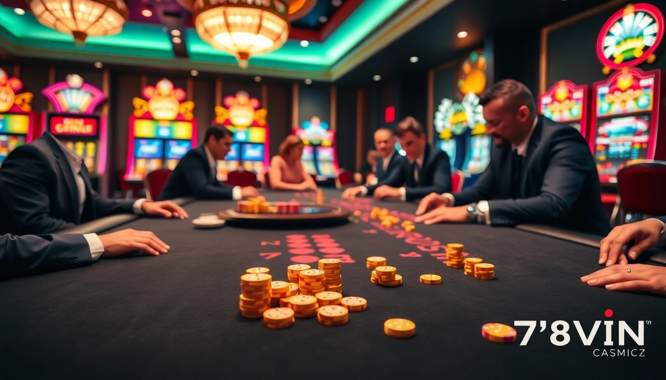 78WIN players enjoying exciting casino games with bright slot machines and poker tables.