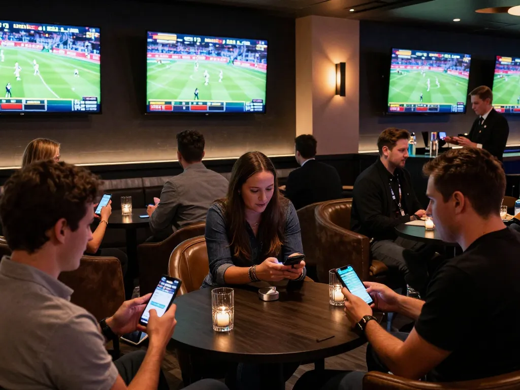 Exciting atmosphere at 888New's sports betting lounge with patrons engaged in betting strategies.