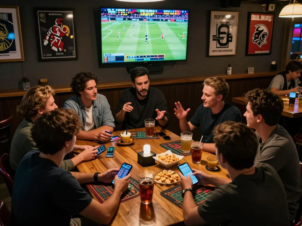 Enthusiastic friends enjoy keo nha cai at a lively sports betting session, screens glowing and drinks on the table