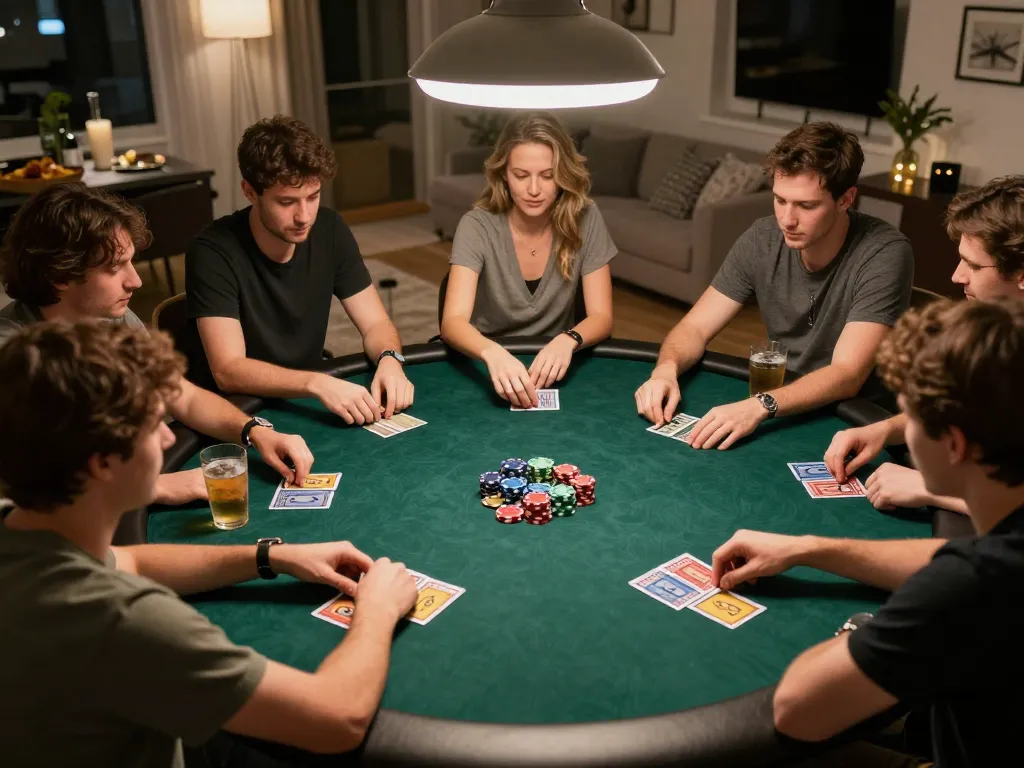 Exciting poker game night scene showing players strategizing with O8 HAIR products around a table