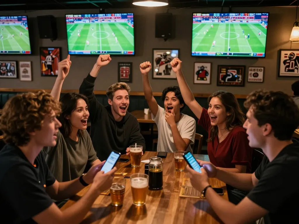 Excited patrons cheering during live football matches while placing sports bets, showcasing ทีเด็ดผลบอล gameplay.