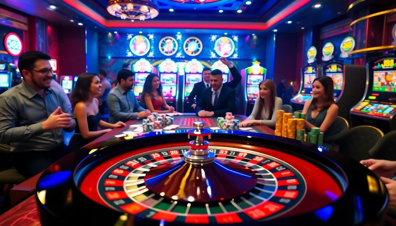 J88 gaming excitement at a vibrant casino table with roulette and poker elements.