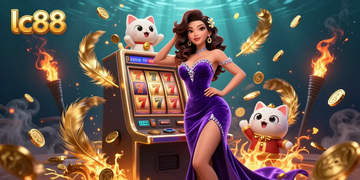 Experience excitement at lc88 with a glamorous woman beside a jackpot slot machine and a waving fortune cat.
