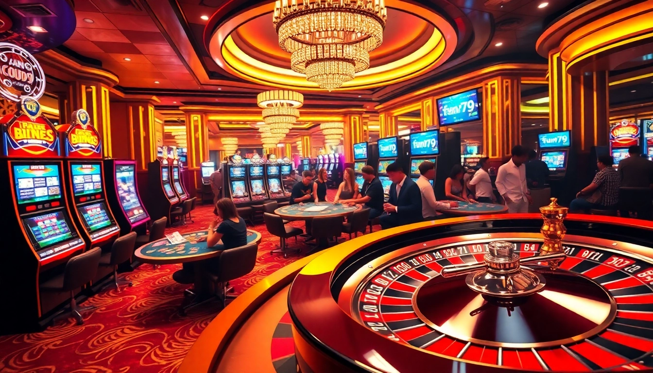 Experience the excitement of casino gaming with fun79's vibrant gaming scene featuring poker and slots.