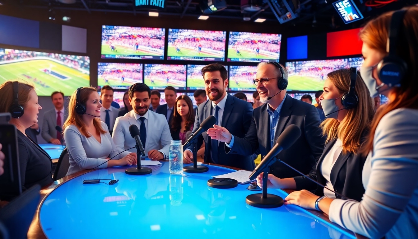 Engaging moment in Sports Broadcasting with presenters and lively studio backdrop.