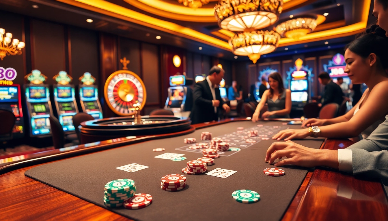 Engaged players at the j88-themed casino table, betting with custom poker chips.