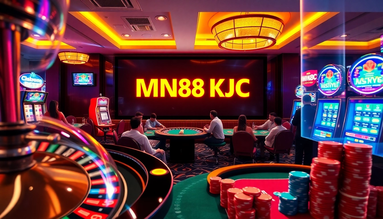 Experience the excitement of mm88 kjc with players at a luxurious casino betting on poker, roulette, and slots.