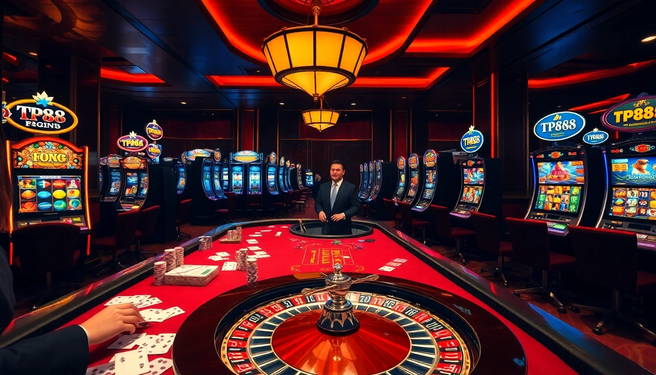 Experience the thrill of winning at TP88 with vibrant casino tables and slot machines.