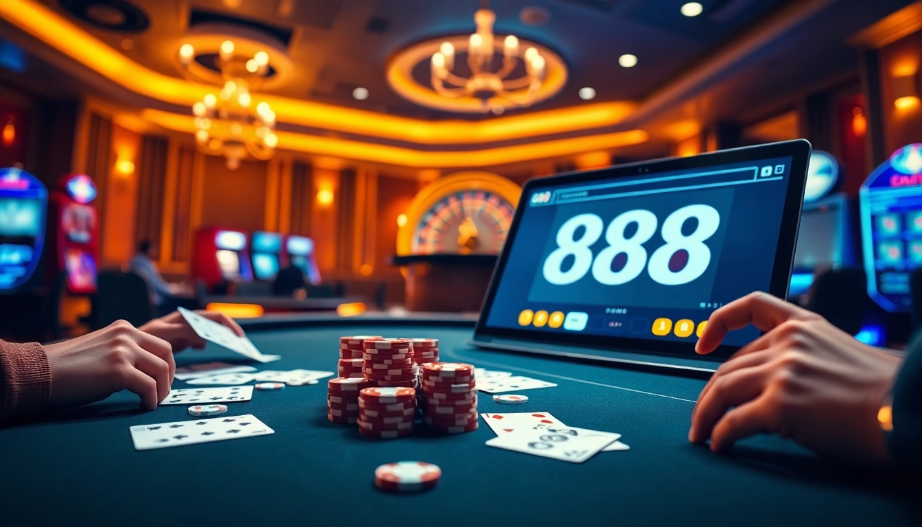 Experience an exhilarating online casino scene at 888vi com, showcasing vibrant gaming elements with poker chips and roulette.