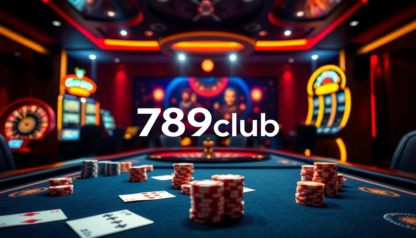 Engaging online gambling scene at 789club with luxurious casino elements including poker chips and slot machines.