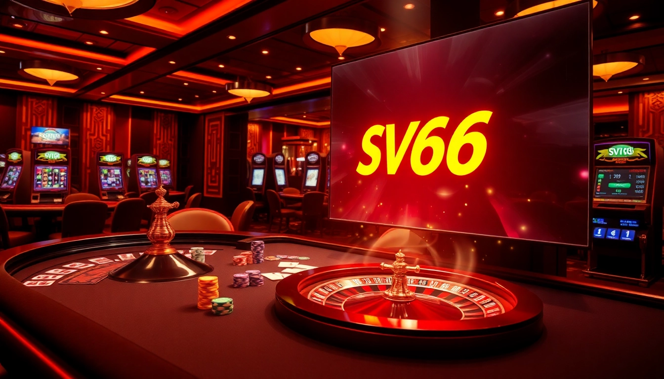 Engage in high-stakes gaming at SV66 with vibrant casino visuals featuring poker tables and roulette wheels.