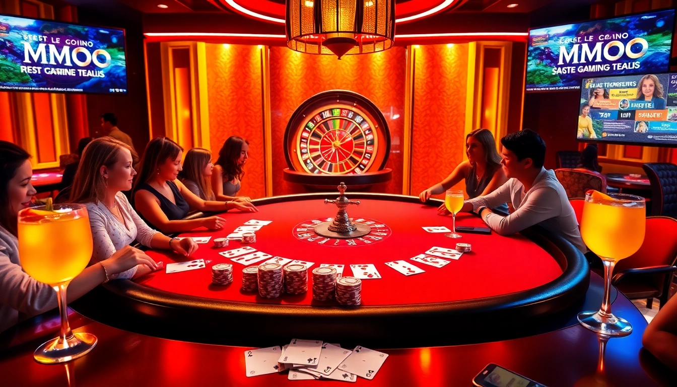 Engaging gamblers at a vibrant MMOO poker table in a luxurious casino setting.