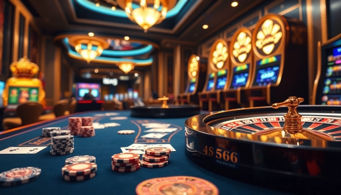 S666 gaming scene with luxurious table, poker chips, and roulette wheel in an upscale casino.