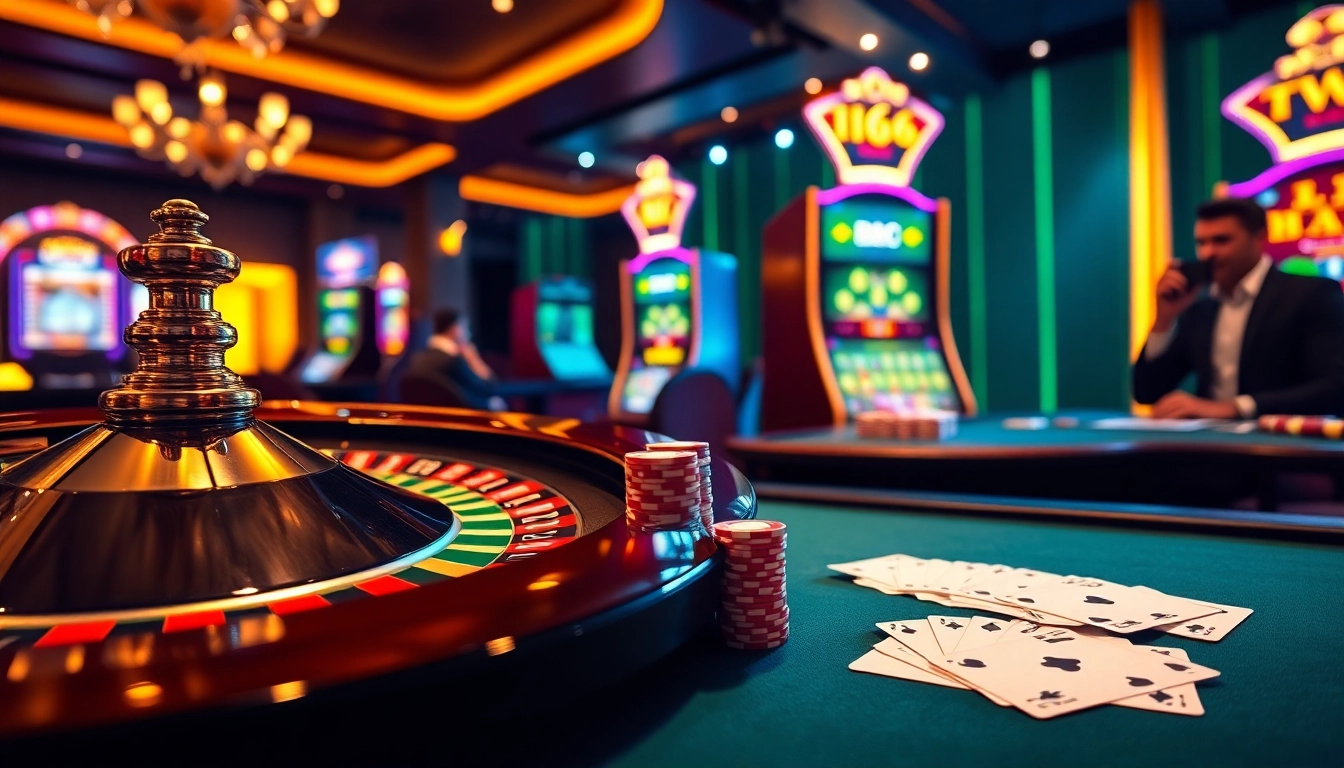 Experience thrilling wins at mb66.ski with vibrant casino tables and poker chips in action.