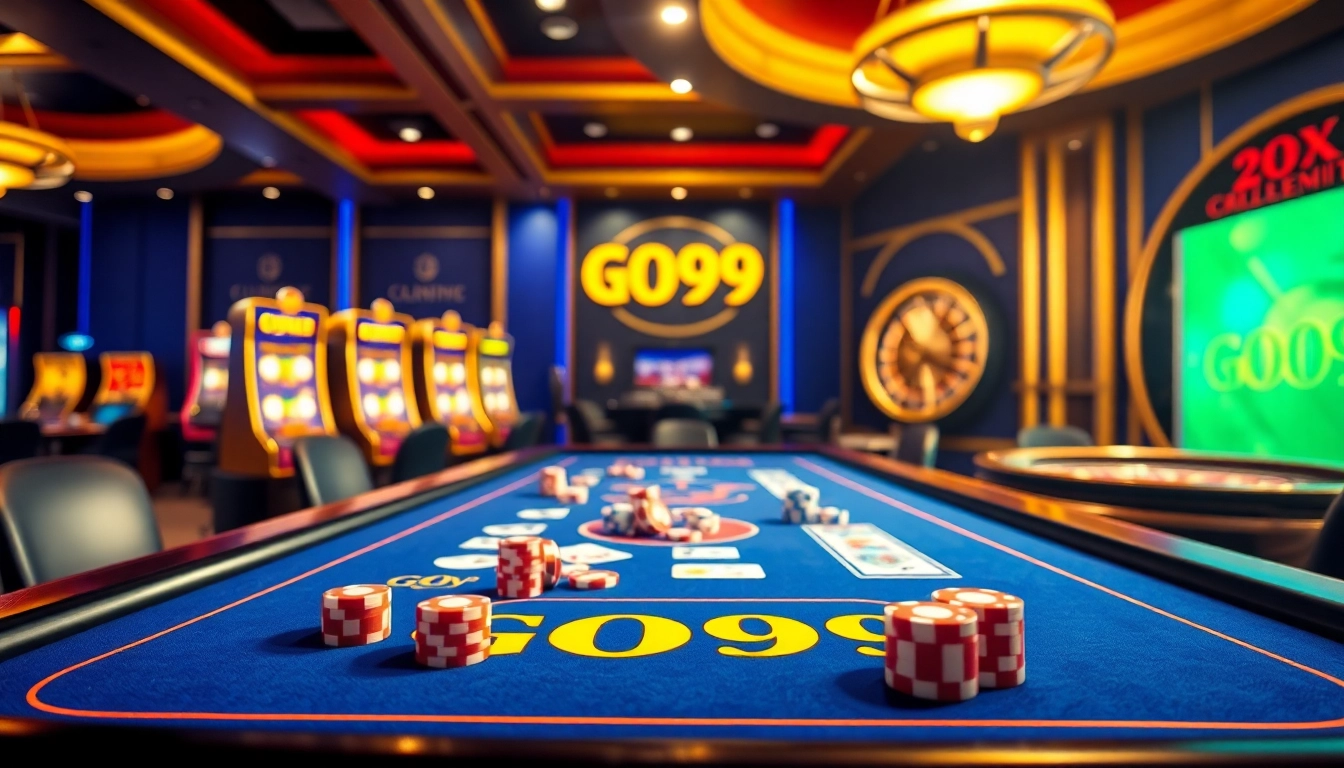 Experience the excitement of GO99 at a luxurious gaming table with vibrant chips and cards.