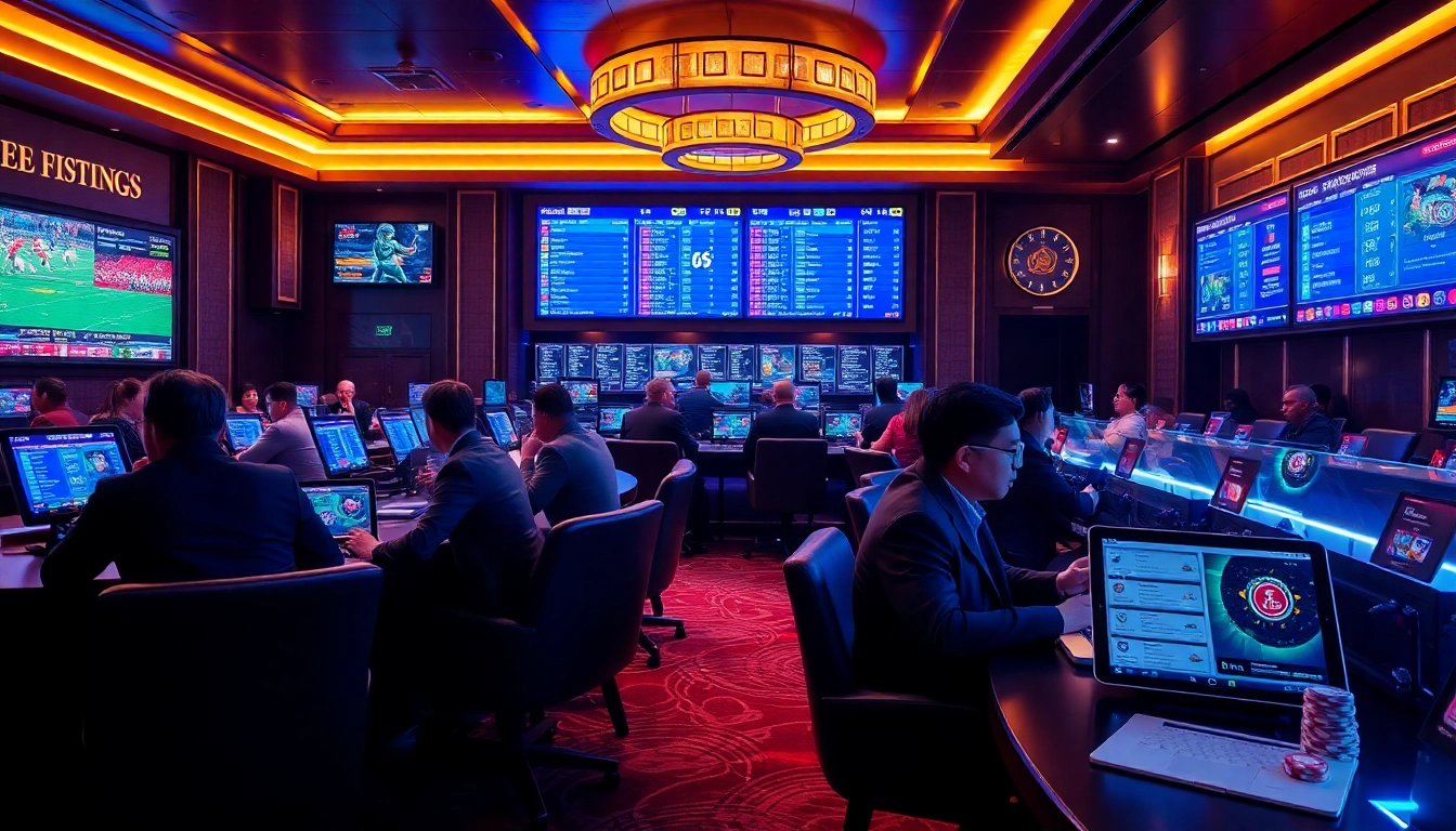 Cược thể thao betting scene with bettors engaged in a luxurious sportsbook featuring live sports odds.