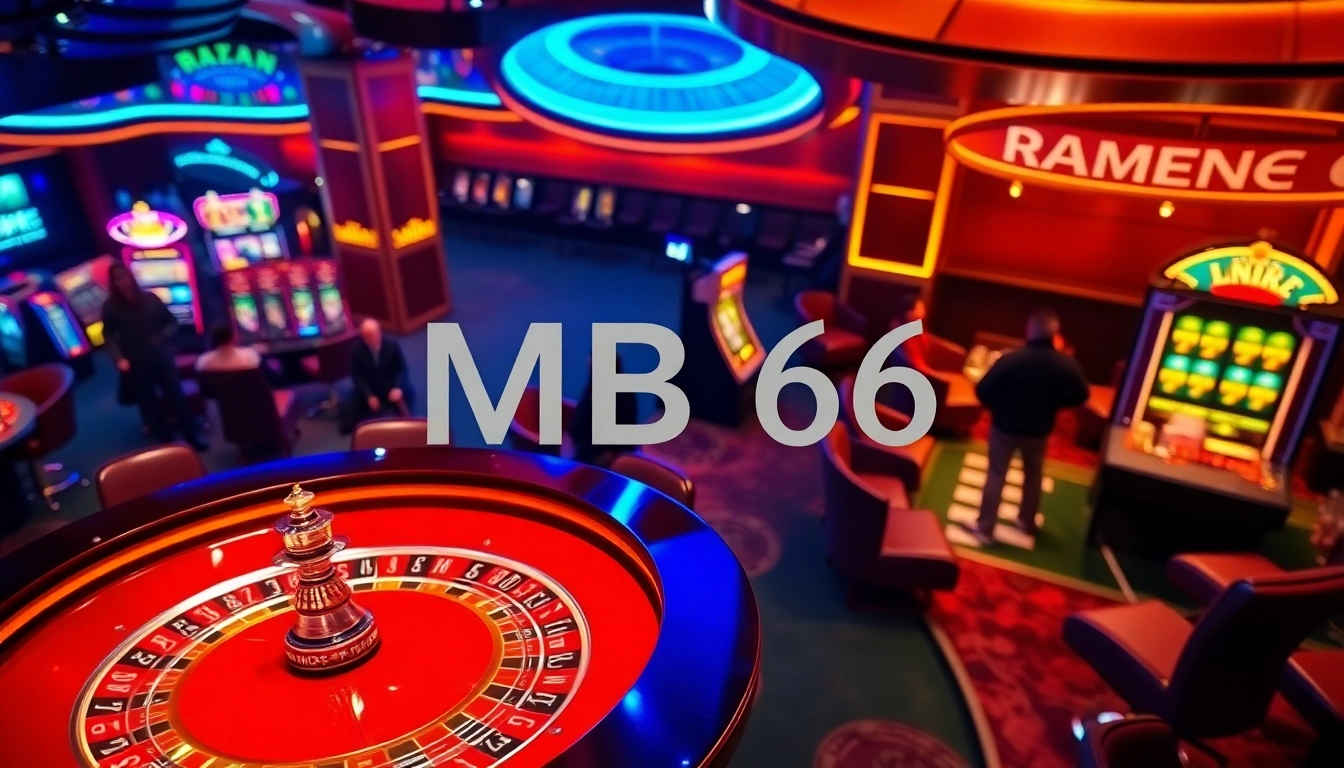Players enjoying a vibrant MB66 casino experience with roulette and slot machines.