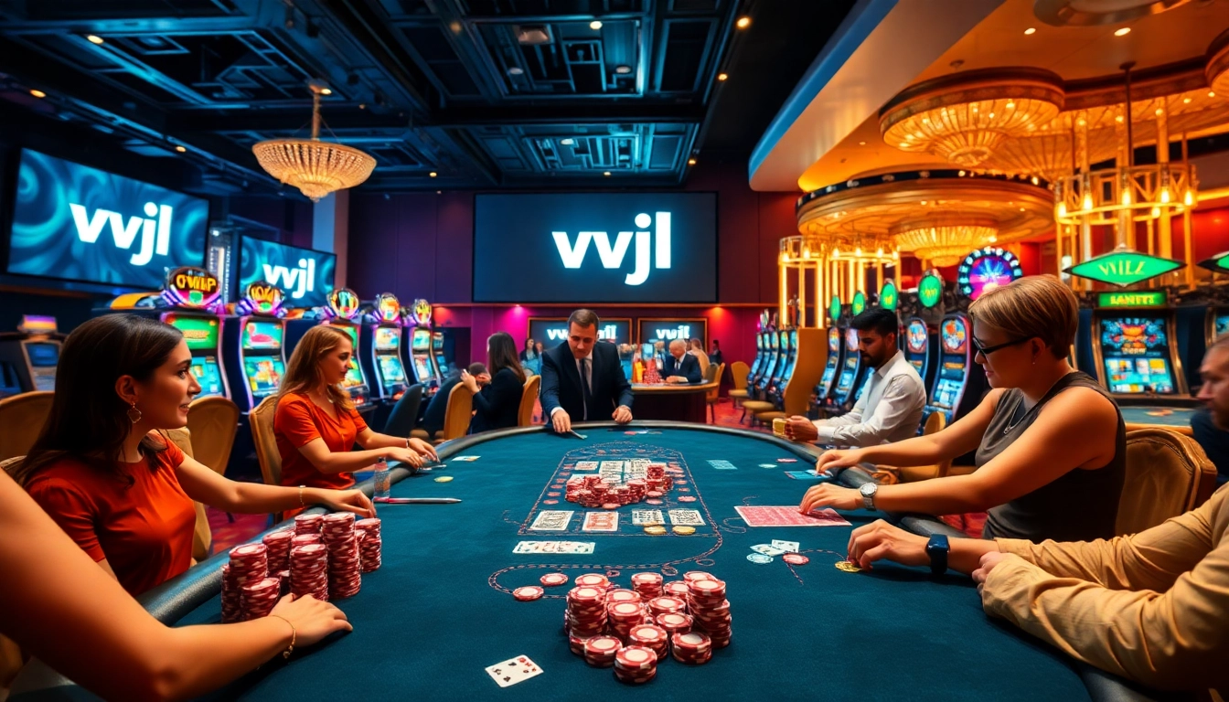 Players enjoying high-stakes games at a luxurious casino, featuring vvjl branding.
