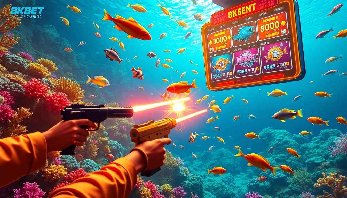 Engaging scene of players immersed in Bắn cá 8KBET shooting fish in a dynamic underwater casino environment.