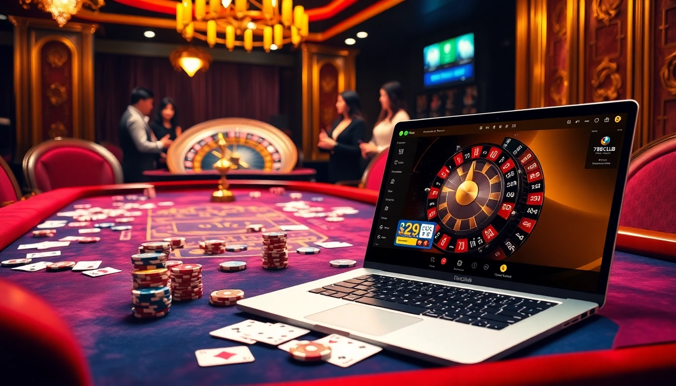 Enjoying an exciting game at 789club's luxurious casino table with poker chips and cards.