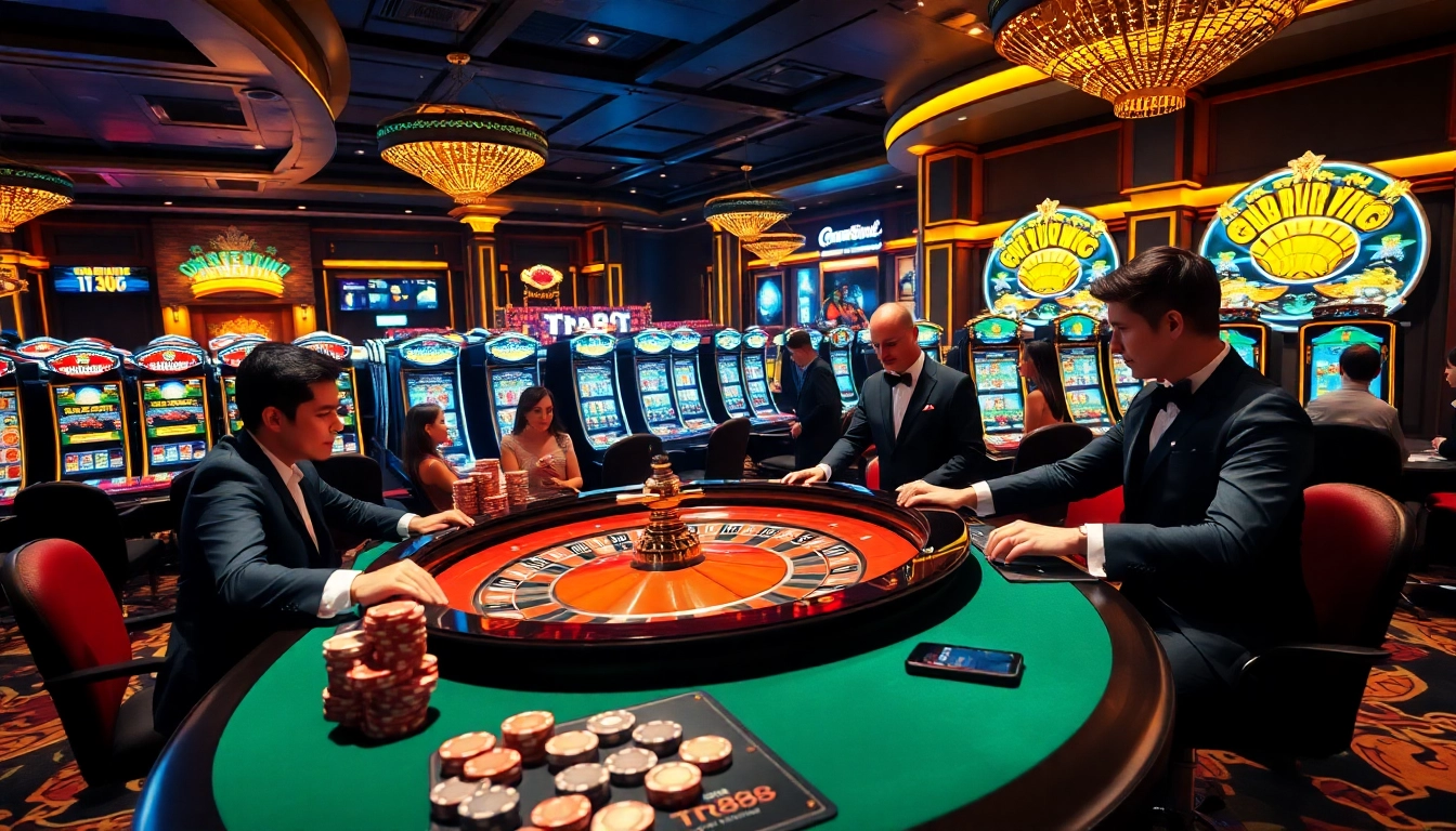 Experience the excitement of casino gaming with the tr88 game at a luxurious venue, featuring roulette and slots.