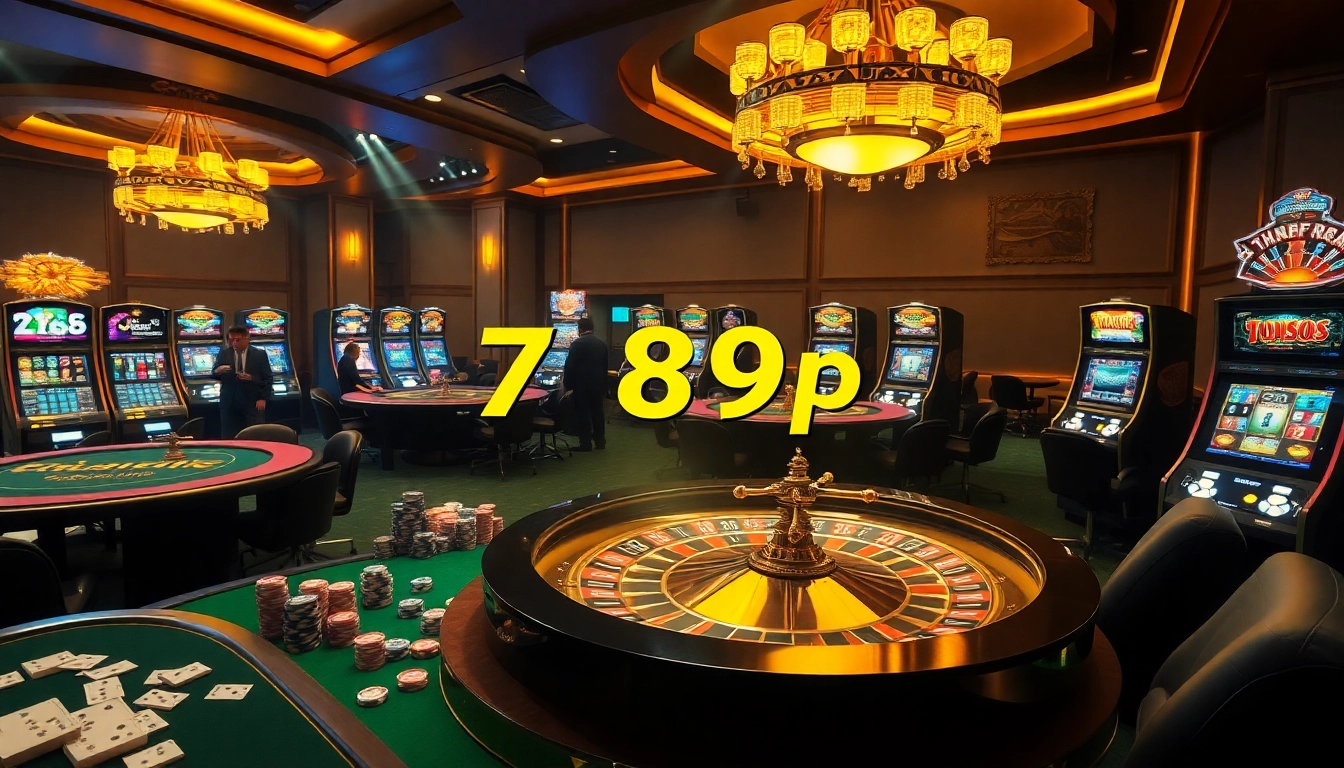 Players enjoying a thrilling game at the luxury casino 789p, featuring poker tables and glamorous slot machines.
