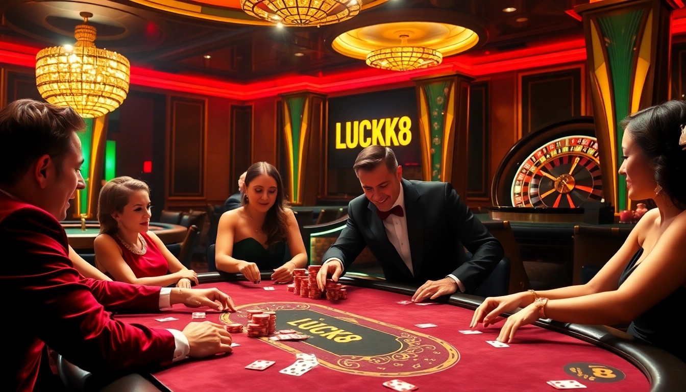 Engaging poker players thriving at a luxurious LUCK8 casino table.