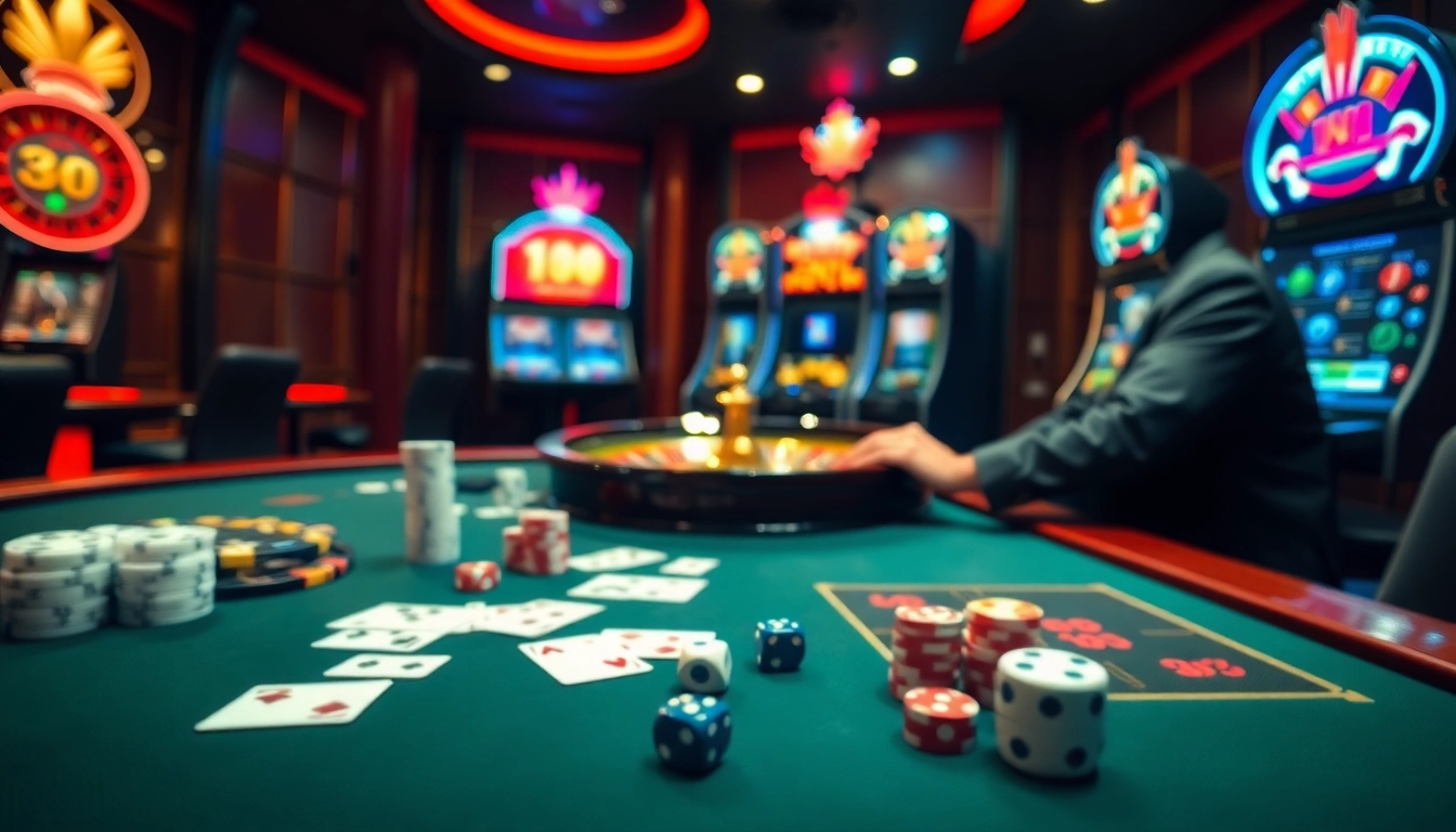 Exciting casino atmosphere at 888now with elegant gaming tables and vibrant poker chips.