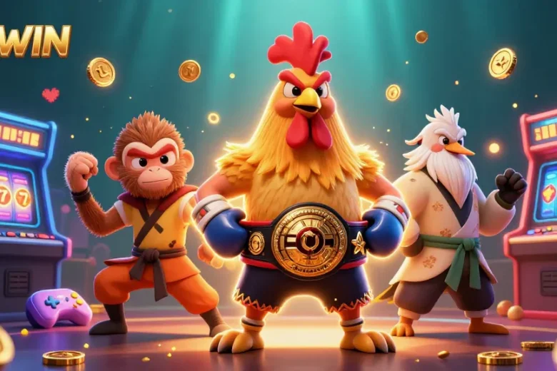 Engage in thrilling gameplay at VIPWIN with dynamic characters amidst vibrant slot machines and game elements.
