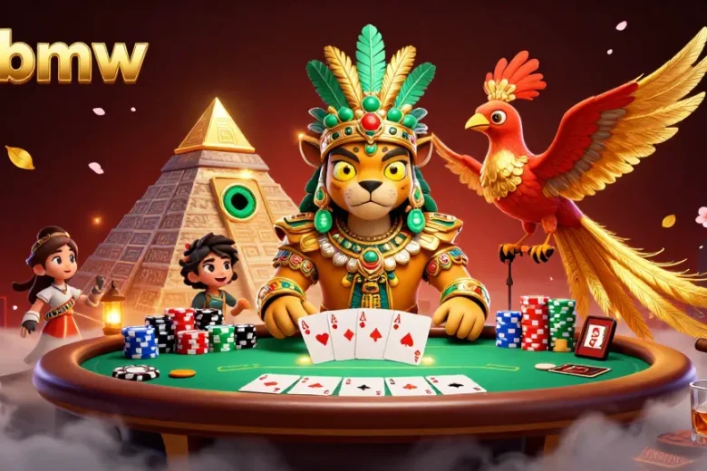 Engage with thrilling poker action at 33bmw, featuring vibrant casino designs with Mayan characters and poker elements.