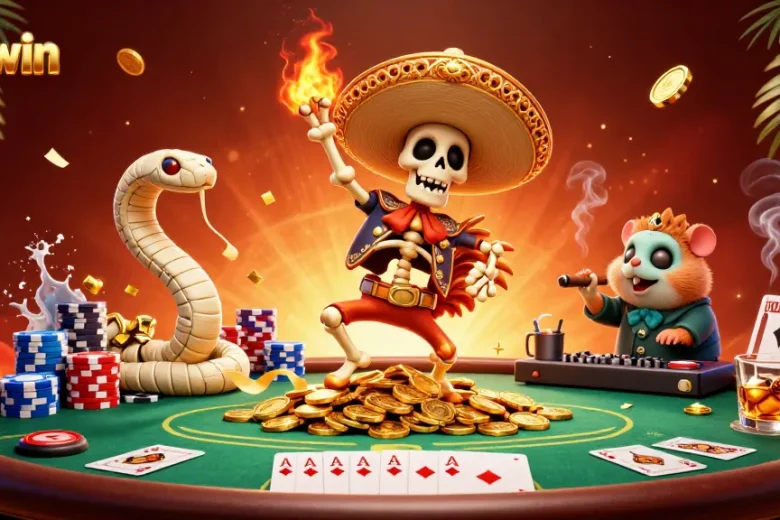 Sunwin's vibrant casino scene features a dancing mariachi rooster, mummy snake, and DJ hamster playing cards among golden coins.
